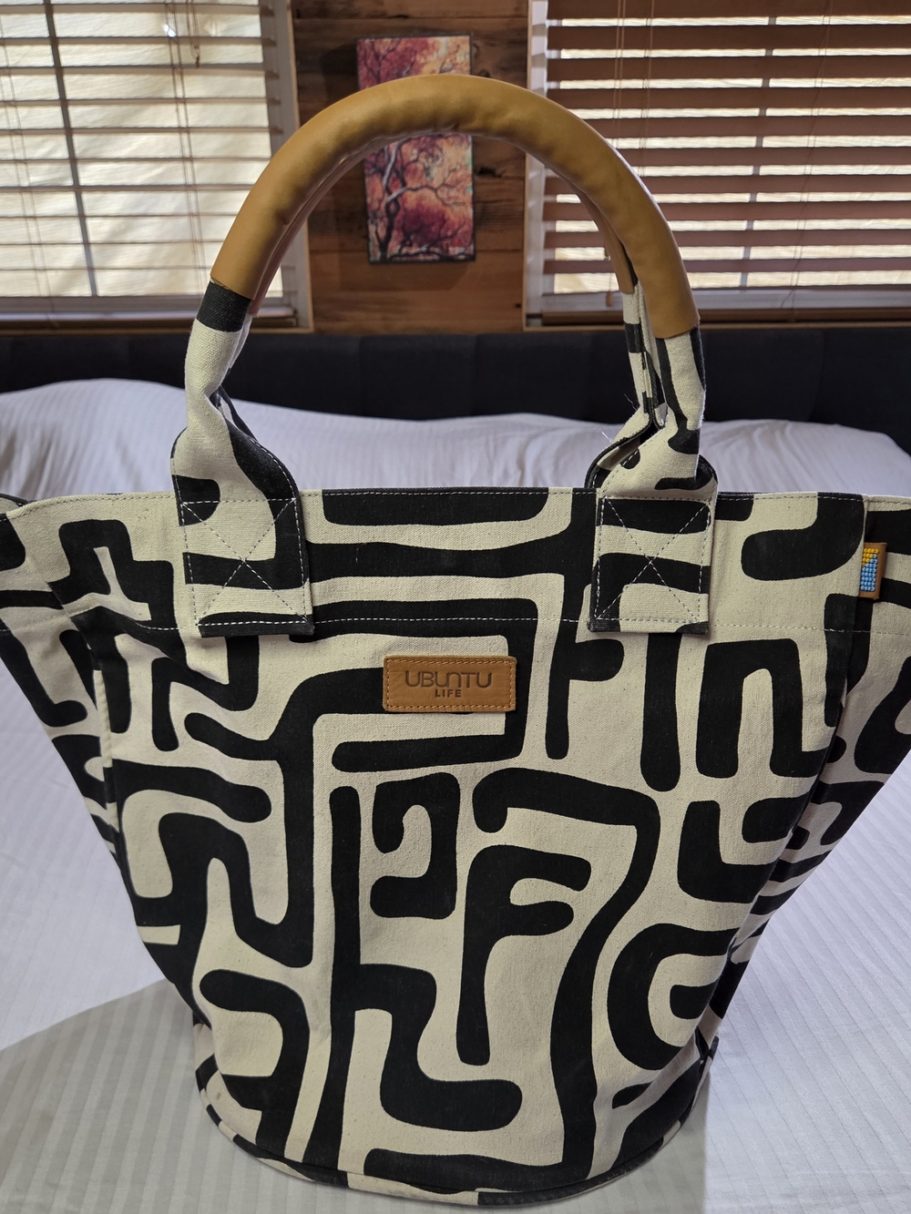 UBUNTU Canvas Tote Bag with Black Abstract Print and Leather Handles LARGE